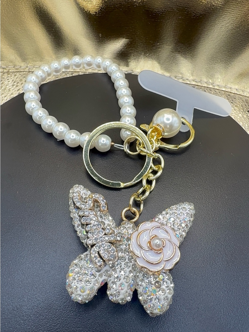 Pearl Beaded Butterfly Keychain Charm with Gold Hardware